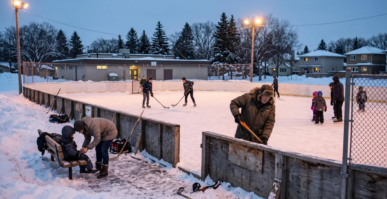 Neighbours of different ages skating and helping each other at a lit outdoor community rink on a Winnipeg winter evening.
