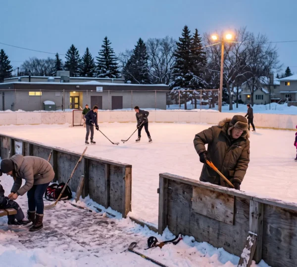 Neighbours of different ages skating and helping each other at a lit outdoor community rink on a Winnipeg winter evening.
