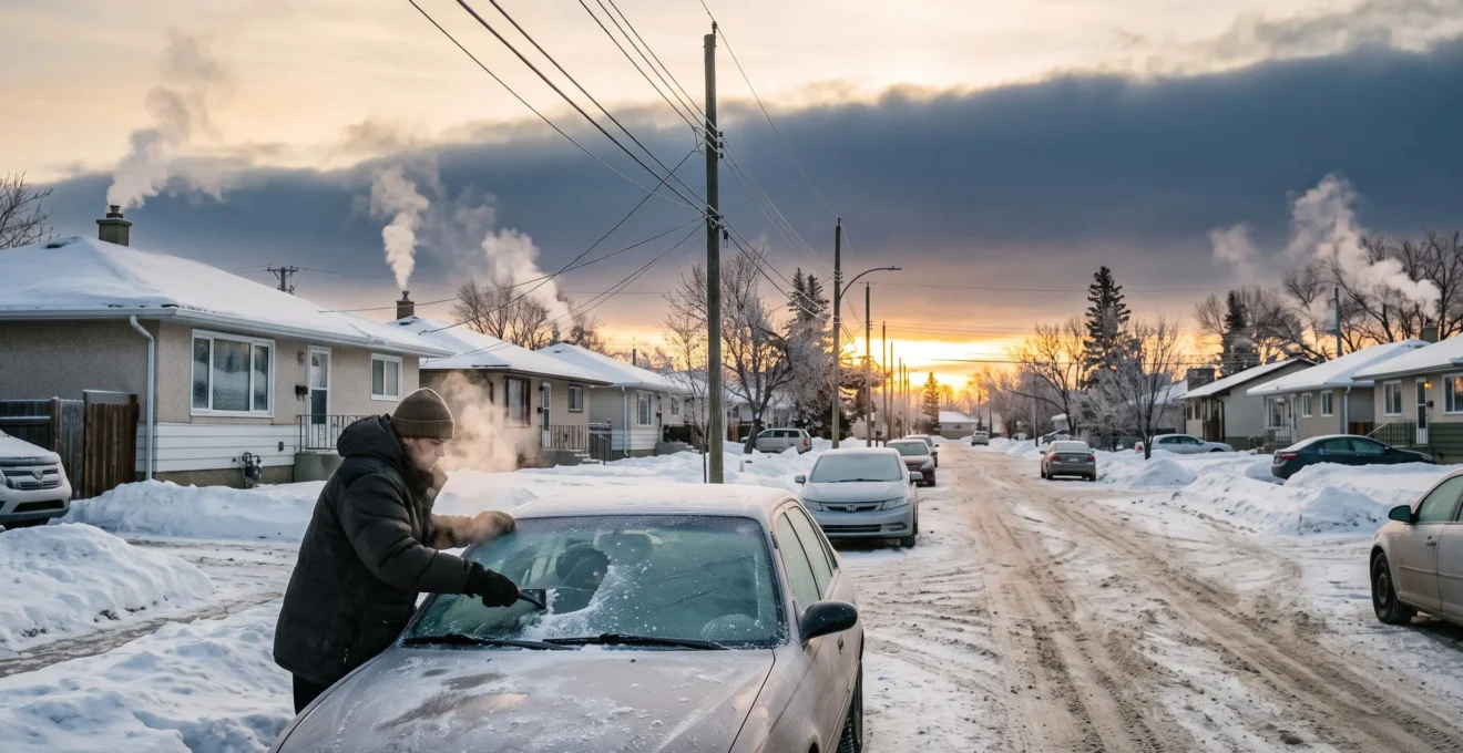 A Winnipeg resident scrapes thick frost off a car windshield at sunrise as a dramatic cloud band signals an approaching temperature front.
