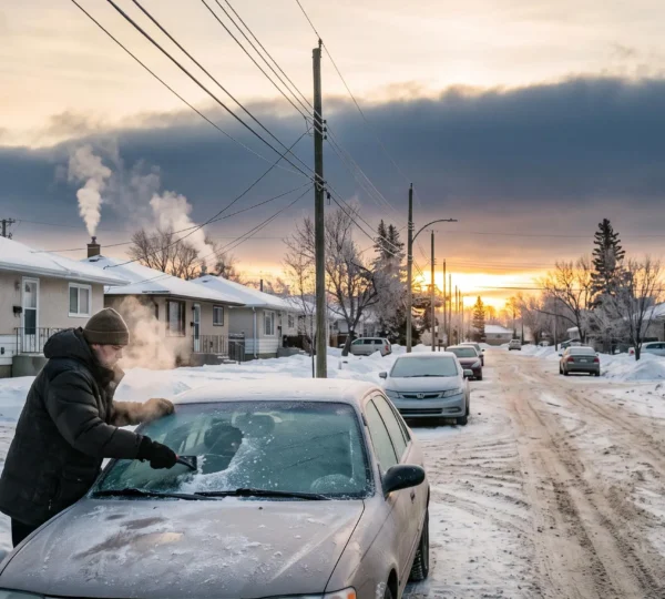 A Winnipeg resident scrapes thick frost off a car windshield at sunrise as a dramatic cloud band signals an approaching temperature front.