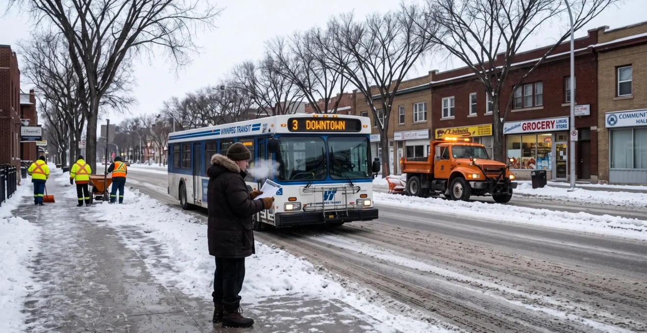 A Winnipeg resident checks a transit timetable at a snowy bus stop while a snow-clearing plow works along an arterial road in winter daylight.