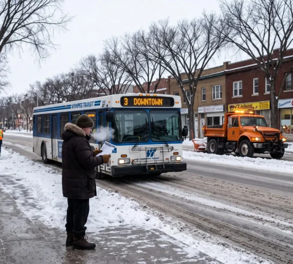 A Winnipeg resident checks a transit timetable at a snowy bus stop while a snow-clearing plow works along an arterial road in winter daylight.