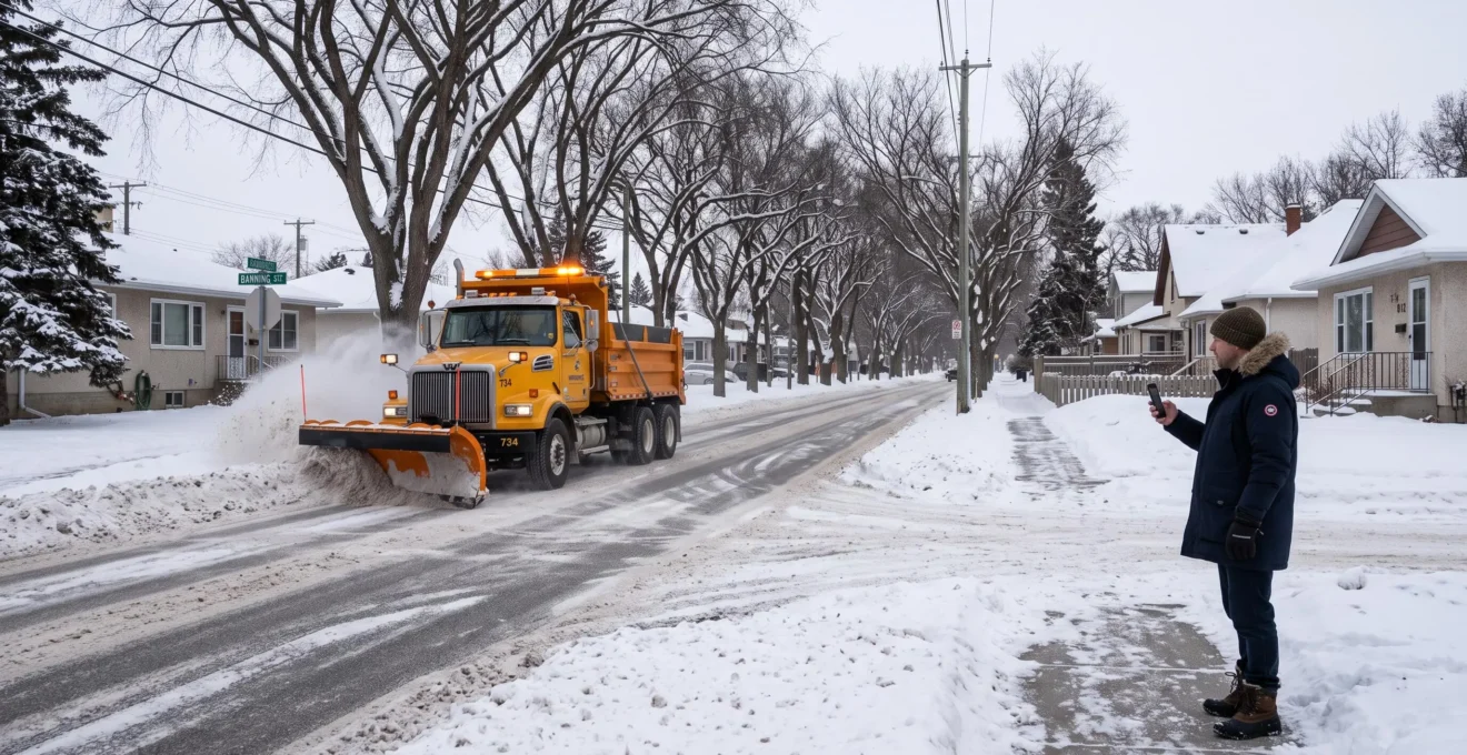 A Winnipeg resident stands on a snowy sidewalk watching a city snow-clearing plow work down a residential street in winter.