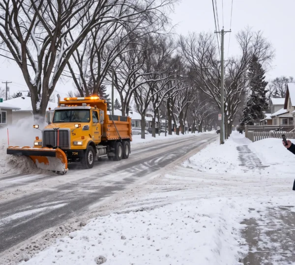 A Winnipeg resident stands on a snowy sidewalk watching a city snow-clearing plow work down a residential street in winter.