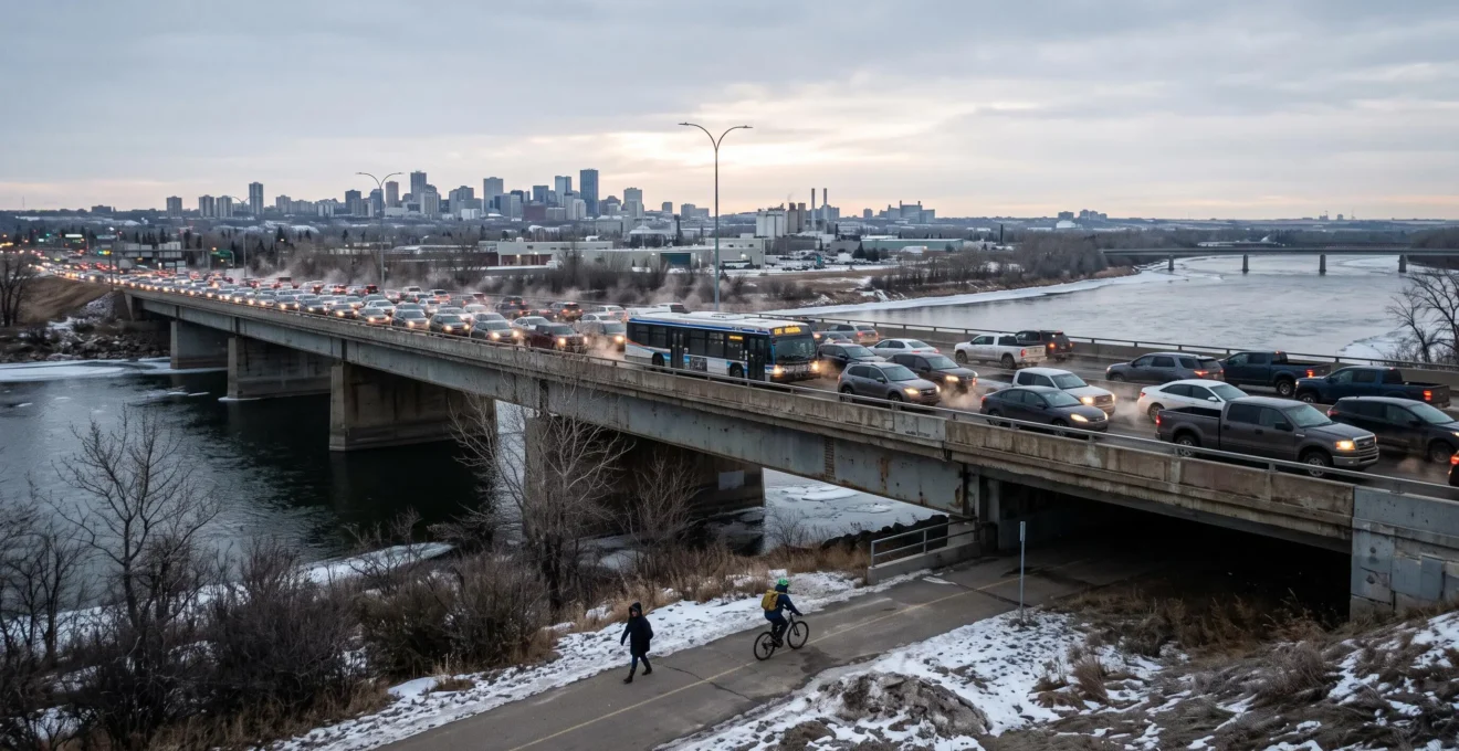 Morning traffic, including a city bus, crosses a single river bridge in Winnipeg while a cyclist and pedestrian use a riverside path below.