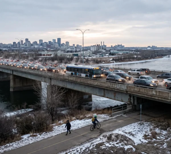 Morning traffic, including a city bus, crosses a single river bridge in Winnipeg while a cyclist and pedestrian use a riverside path below.