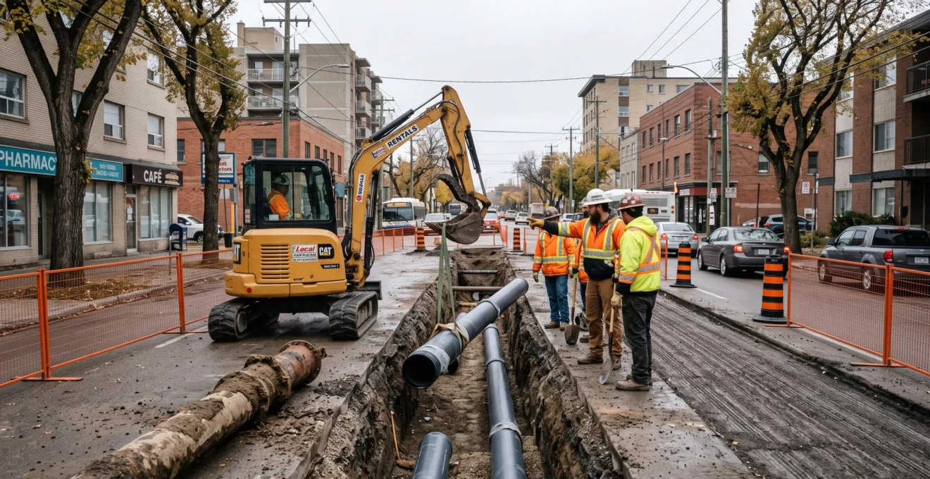 Construction workers guide a new water main into an open trench during a coordinated road and underground infrastructure reconstruction on a Canadian city street.