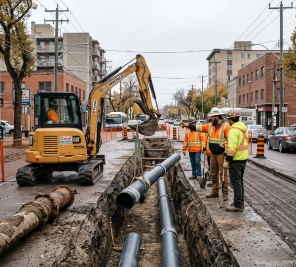 Construction workers guide a new water main into an open trench during a coordinated road and underground infrastructure reconstruction on a Canadian city street.