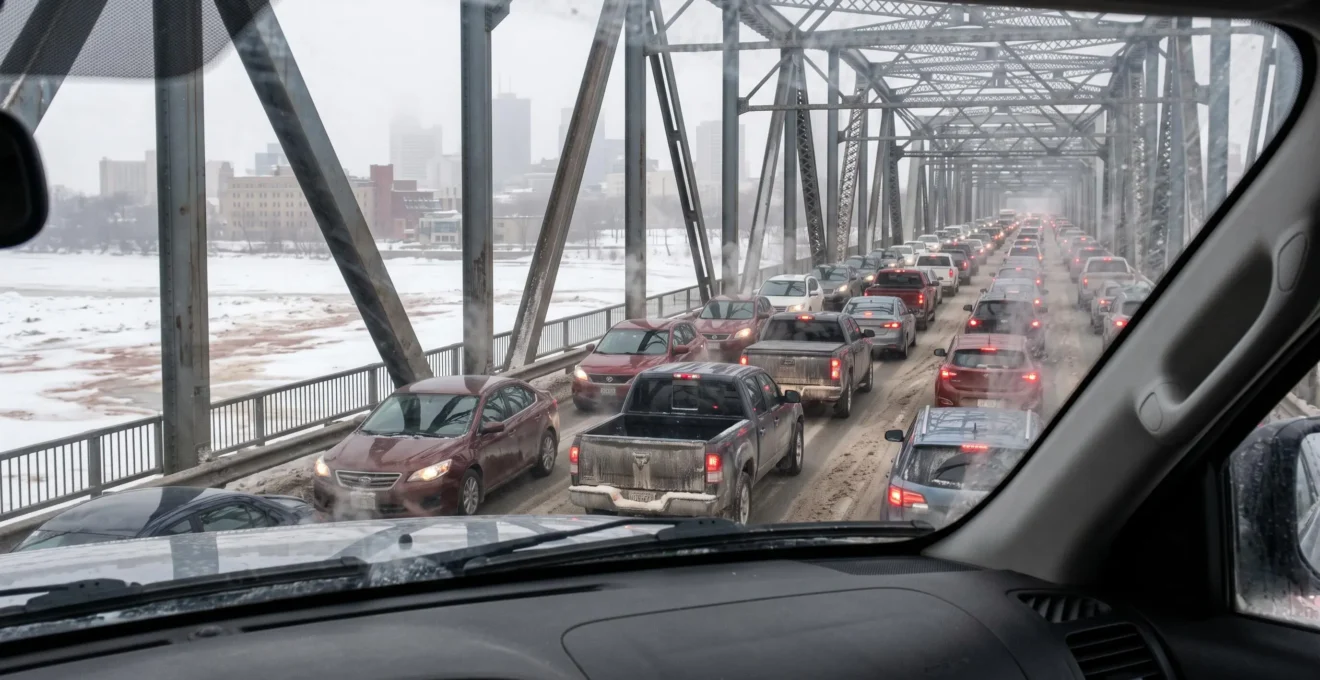 Heavy rush-hour traffic backed up in both lanes on a steel bridge over a frozen river in Winnipeg during a winter morning.