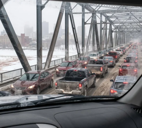 Heavy rush-hour traffic backed up in both lanes on a steel bridge over a frozen river in Winnipeg during a winter morning.