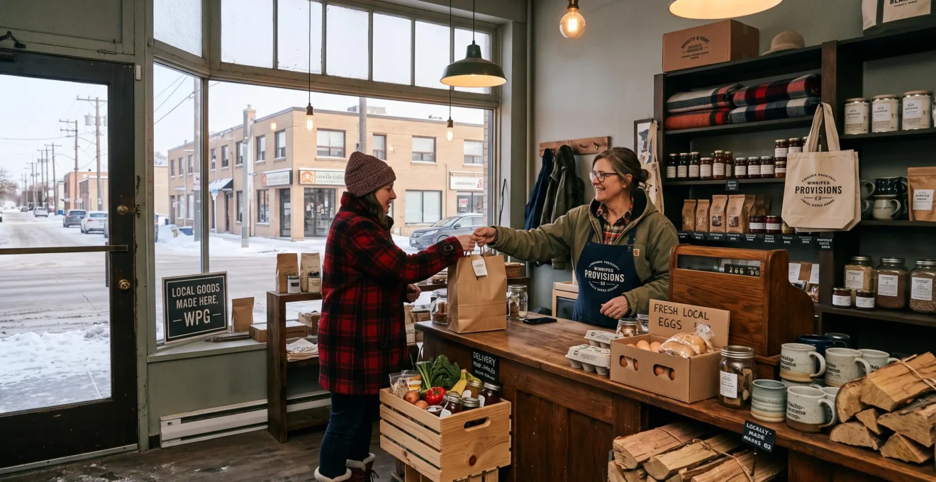 A small business owner in a Winnipeg shop hands a packaged order to a customer, with a snowy commercial street visible through the window.