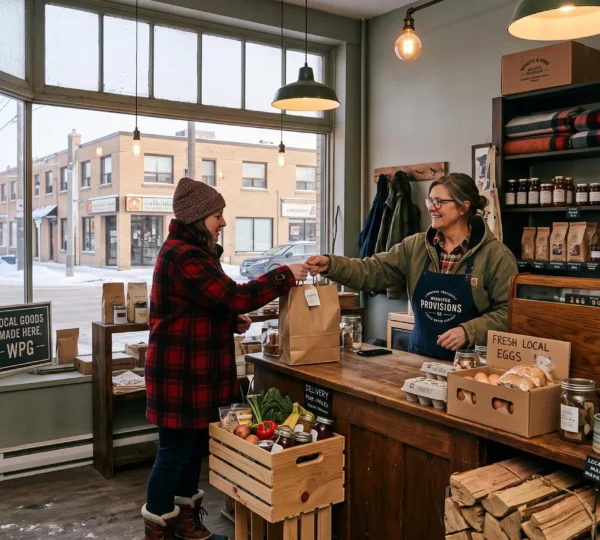 A small business owner in a Winnipeg shop hands a packaged order to a customer, with a snowy commercial street visible through the window.