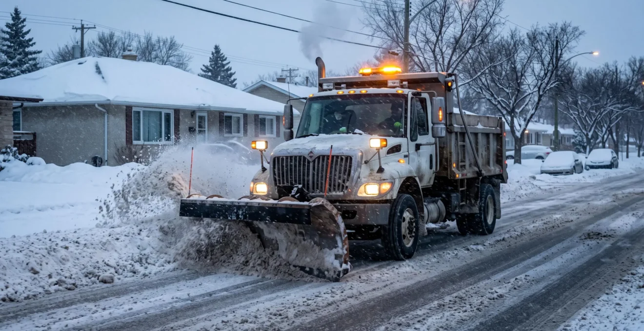 A municipal snow plow truck clears a snowy Winnipeg street during a winter snowfall, pushing a windrow of snow to the curb behind it.