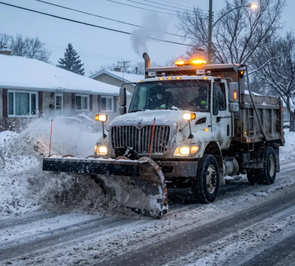 A municipal snow plow truck clears a snowy Winnipeg street during a winter snowfall, pushing a windrow of snow to the curb behind it.