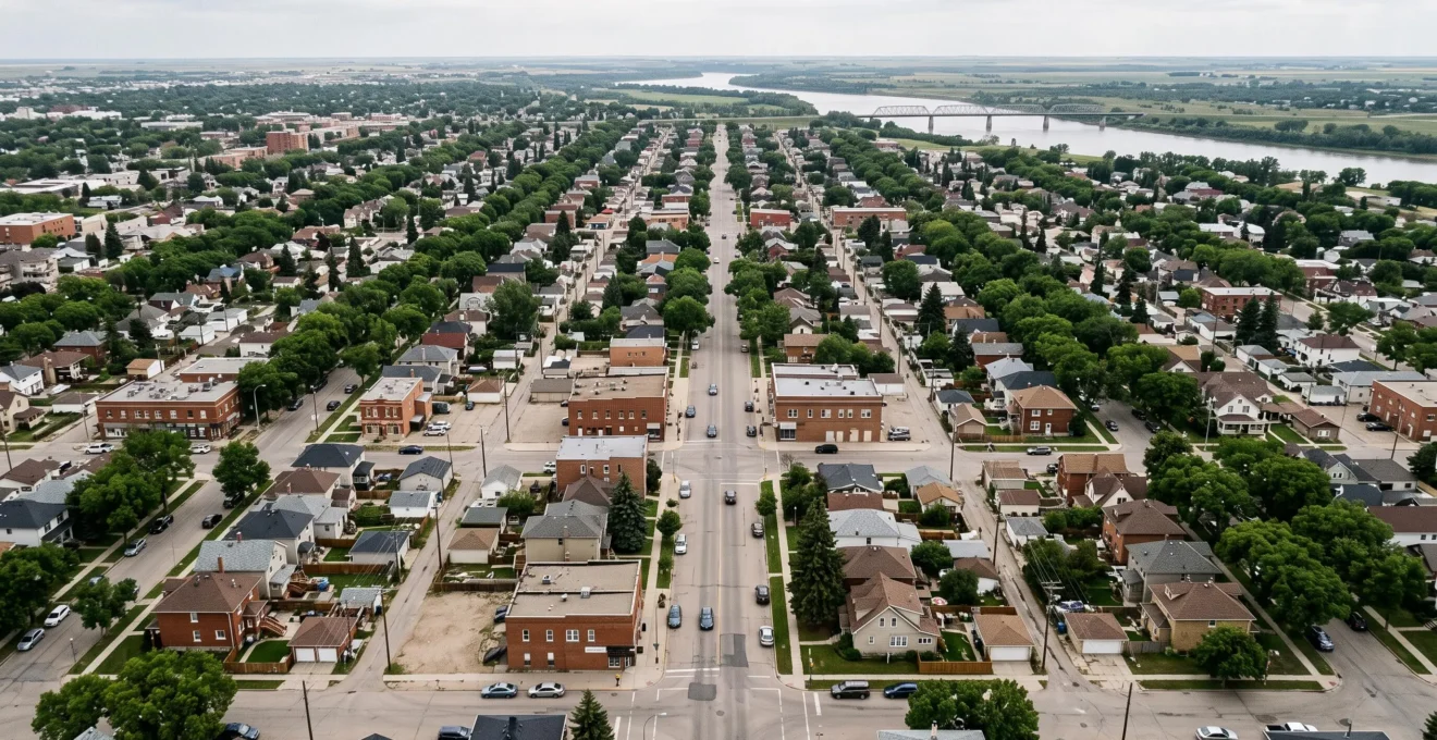 An elevated view of Winnipeg's regular numbered street grid stretching toward a river crossed by a bridge.