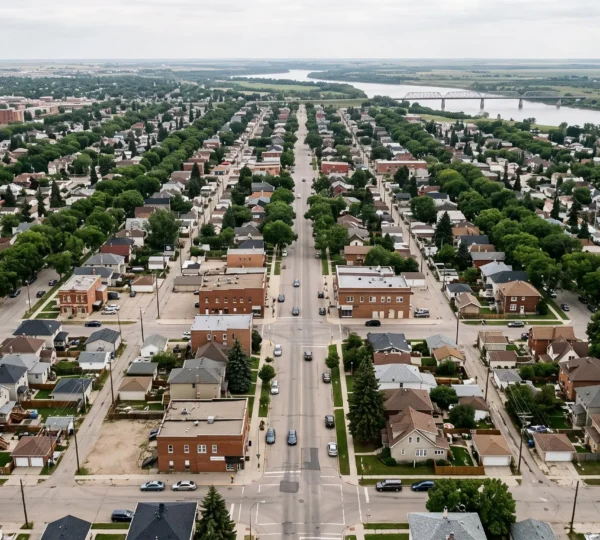 An elevated view of Winnipeg's regular numbered street grid stretching toward a river crossed by a bridge.