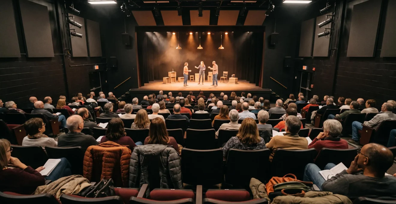 Audience members watch actors perform on a warmly lit stage inside a Winnipeg theatre during a live show.