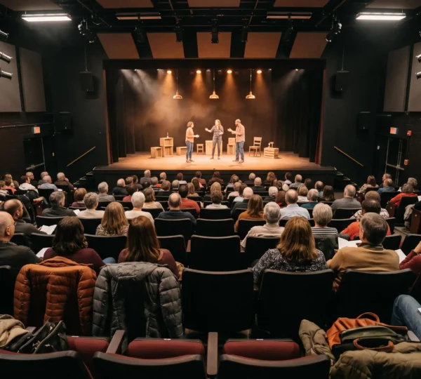 Audience members watch actors perform on a warmly lit stage inside a Winnipeg theatre during a live show.