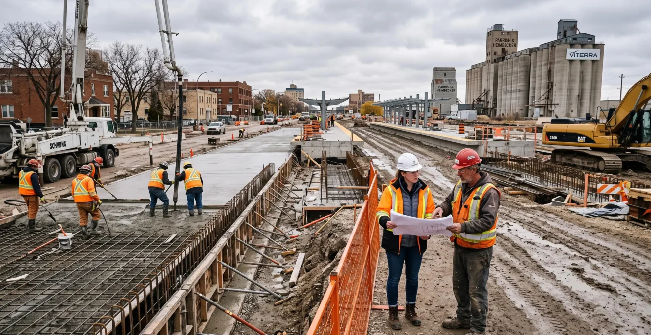 Construction crews and an engineer build a dedicated transit corridor in Winnipeg, with excavators, concrete works and station platforms under an overcast sky.