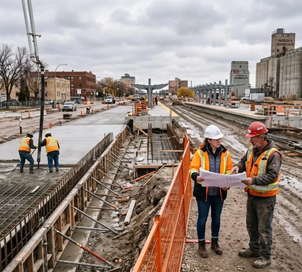 Construction crews and an engineer build a dedicated transit corridor in Winnipeg, with excavators, concrete works and station platforms under an overcast sky.
