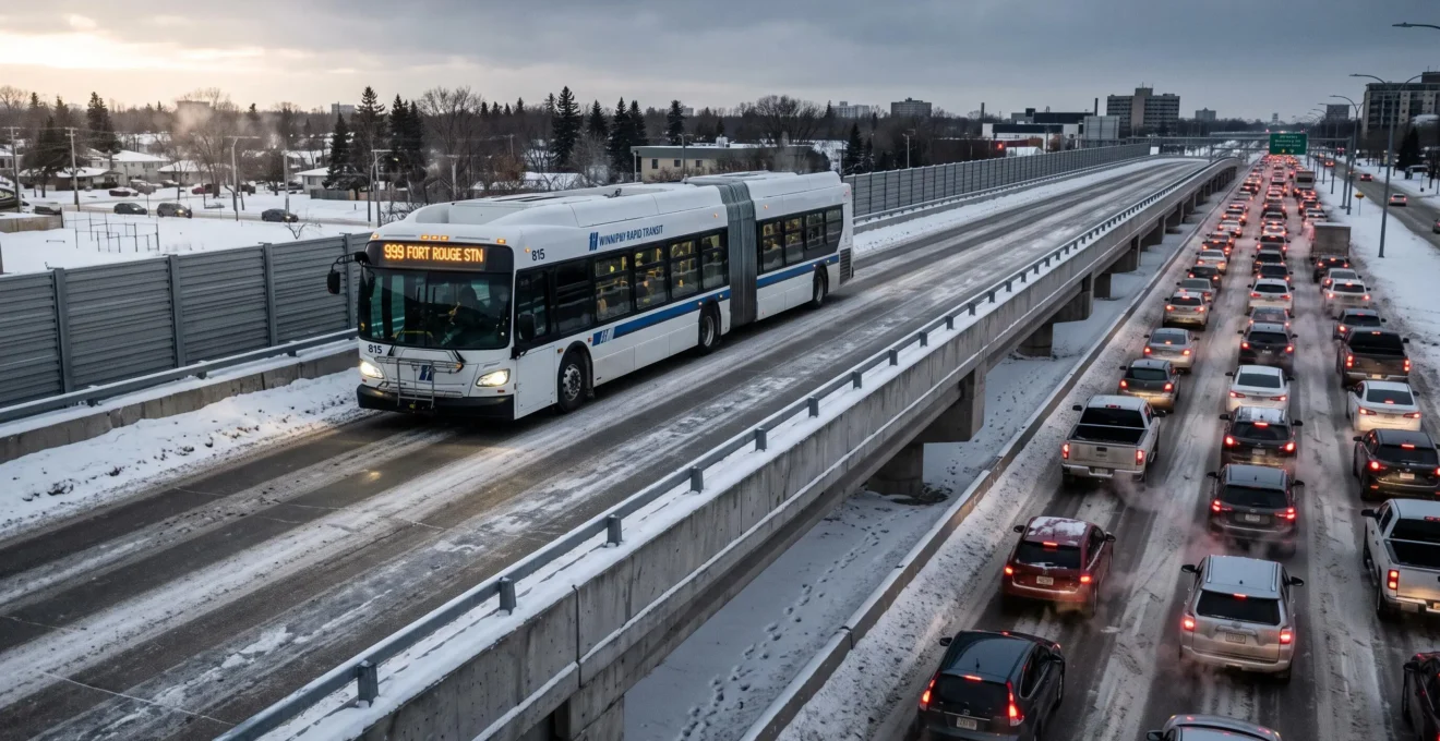 A city bus travels along a dedicated winter transitway while car traffic is congested on the parallel road beside it.