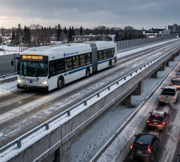 A city bus travels along a dedicated winter transitway while car traffic is congested on the parallel road beside it.