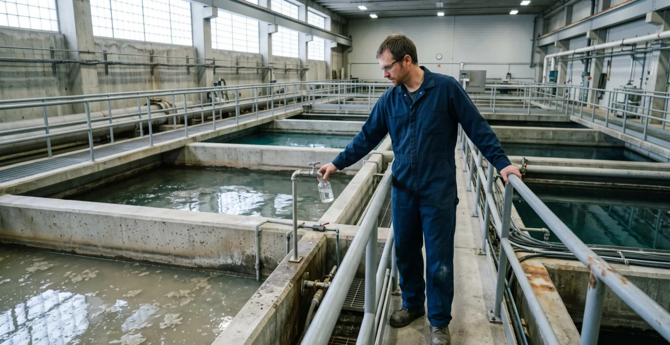 A water treatment operator draws a sample from a basin edge tap inside a Winnipeg drinking water treatment plant.