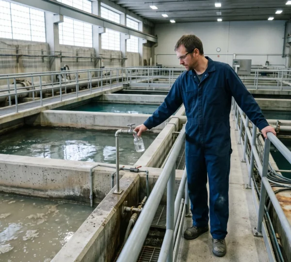 A water treatment operator draws a sample from a basin edge tap inside a Winnipeg drinking water treatment plant.