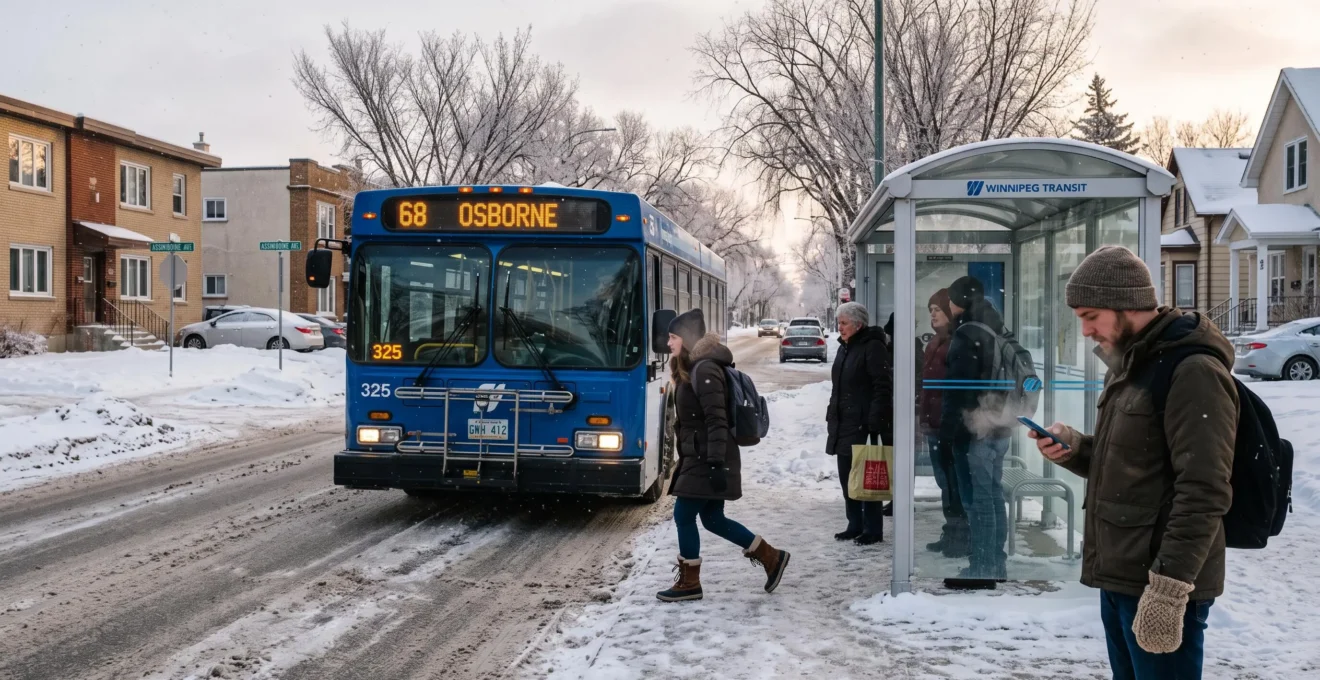 Commuters boarding a city bus at a snowy Winnipeg bus stop on a cold winter morning.