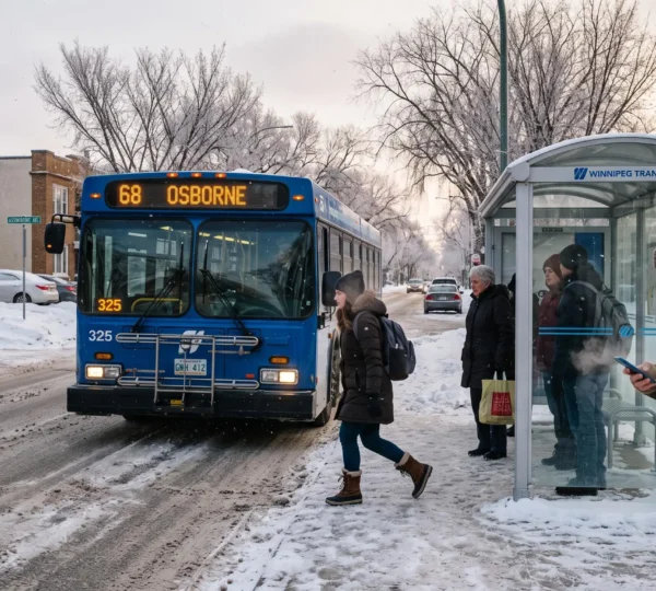 Commuters boarding a city bus at a snowy Winnipeg bus stop on a cold winter morning.