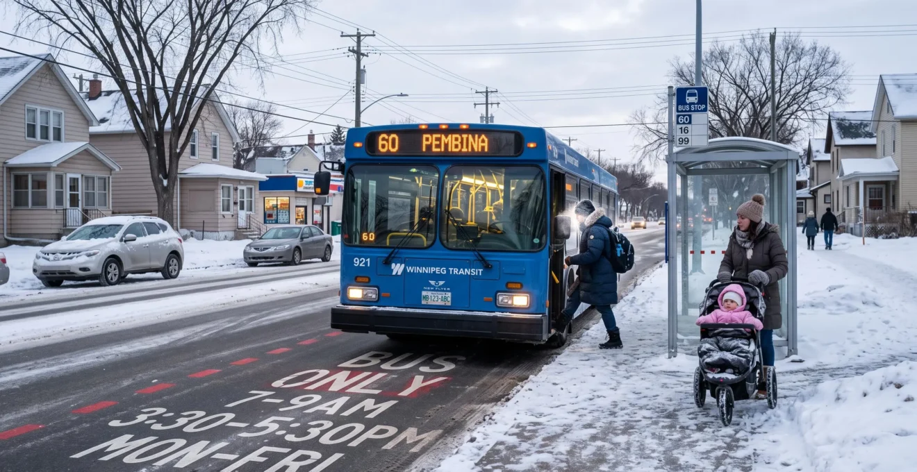 Passengers board a city bus at a snowy Winnipeg stop beside a dedicated bus lane on a cold winter morning.