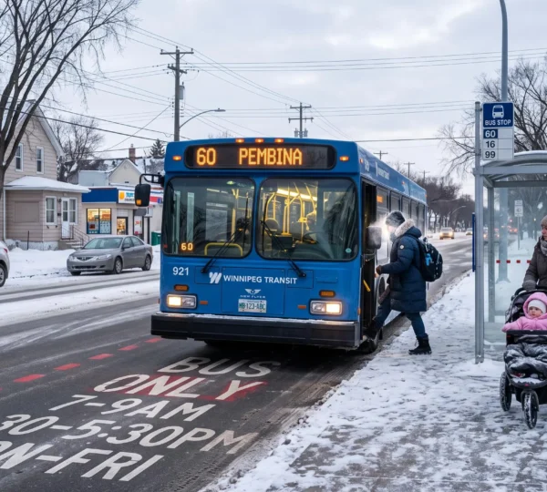 Passengers board a city bus at a snowy Winnipeg stop beside a dedicated bus lane on a cold winter morning.