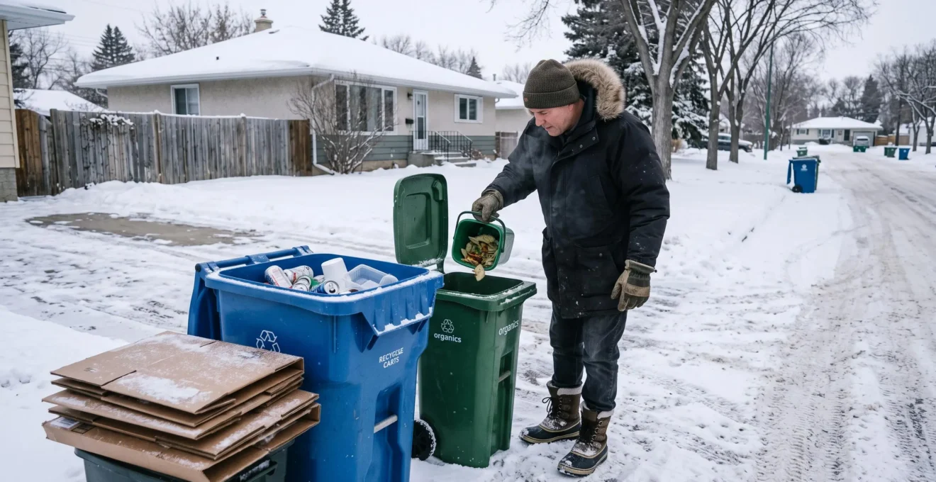 A Winnipeg resident in winter clothing sorts flattened cardboard and containers into a blue recycling cart beside a green organics cart on a snowy driveway.