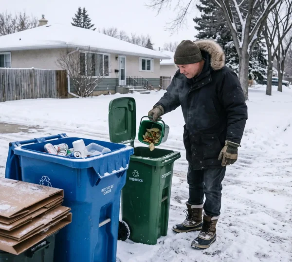 A Winnipeg resident in winter clothing sorts flattened cardboard and containers into a blue recycling cart beside a green organics cart on a snowy driveway.