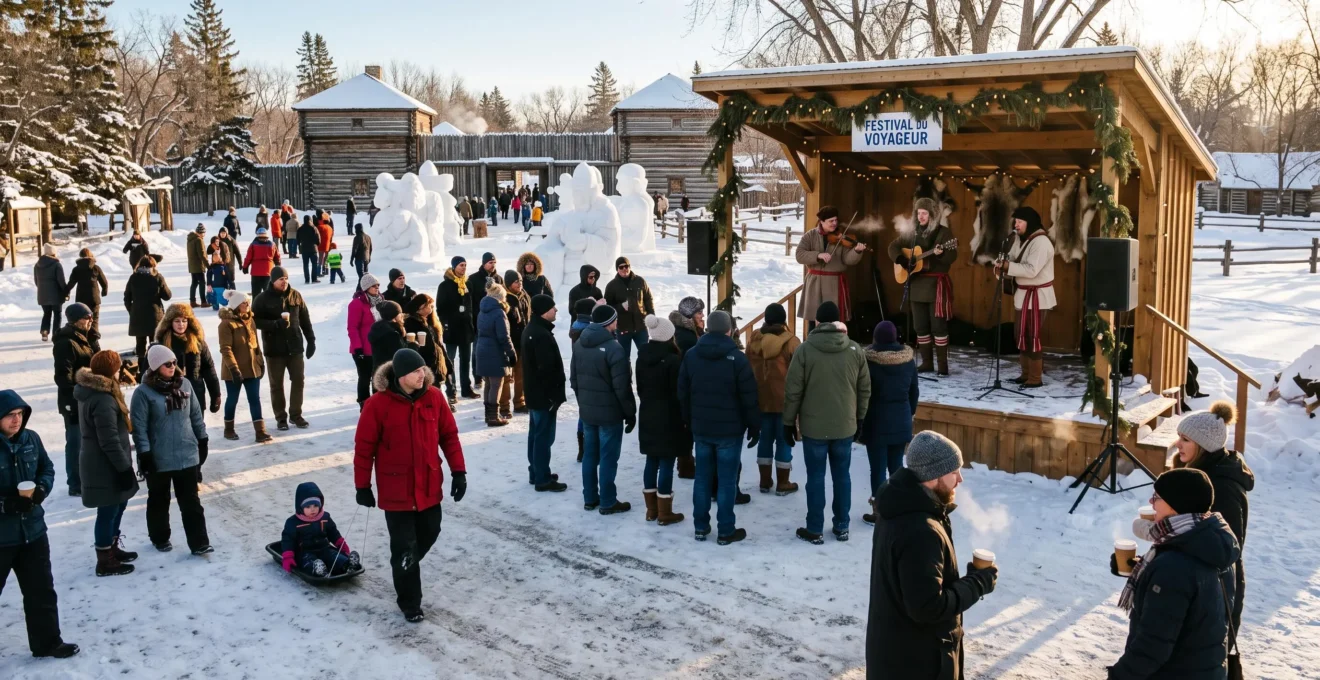 Visitors dressed in winter parkas attend an outdoor festival in snowy Winnipeg, watching performers on a wooden stage under a bright cold sky.