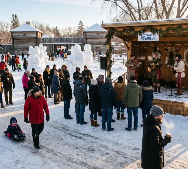 Visitors dressed in winter parkas attend an outdoor festival in snowy Winnipeg, watching performers on a wooden stage under a bright cold sky.