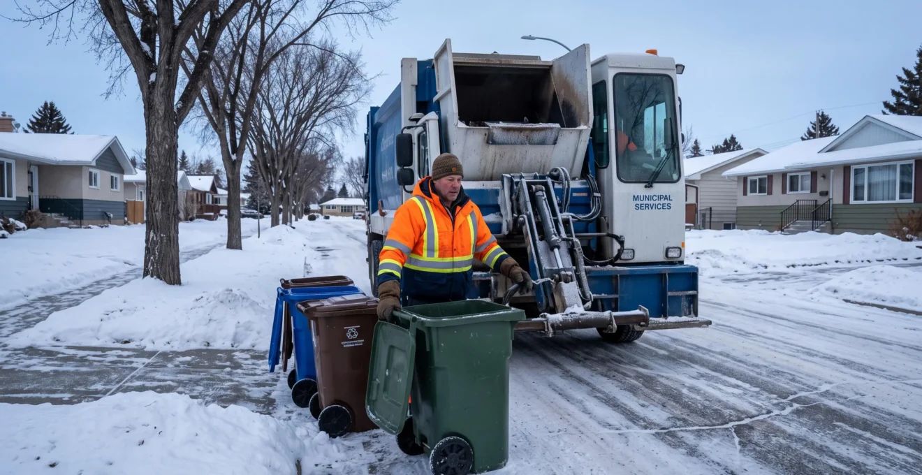A city worker empties a residential garbage cart into a collection truck on a snowy Winnipeg street in winter.