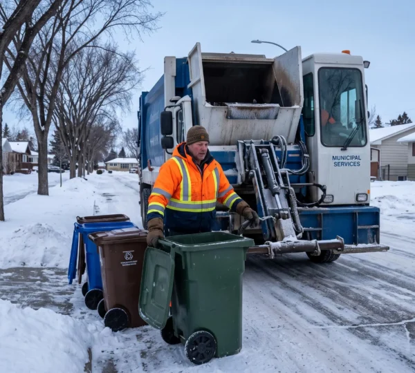 A city worker empties a residential garbage cart into a collection truck on a snowy Winnipeg street in winter.