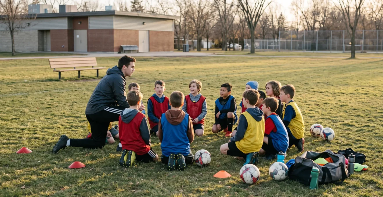 A young coach kneeling on a grass field talking with a small group of children during a youth soccer practice in Winnipeg.