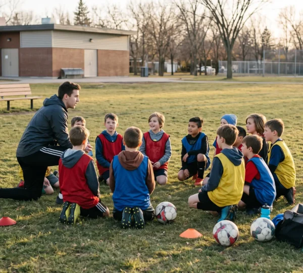 A young coach kneeling on a grass field talking with a small group of children during a youth soccer practice in Winnipeg.