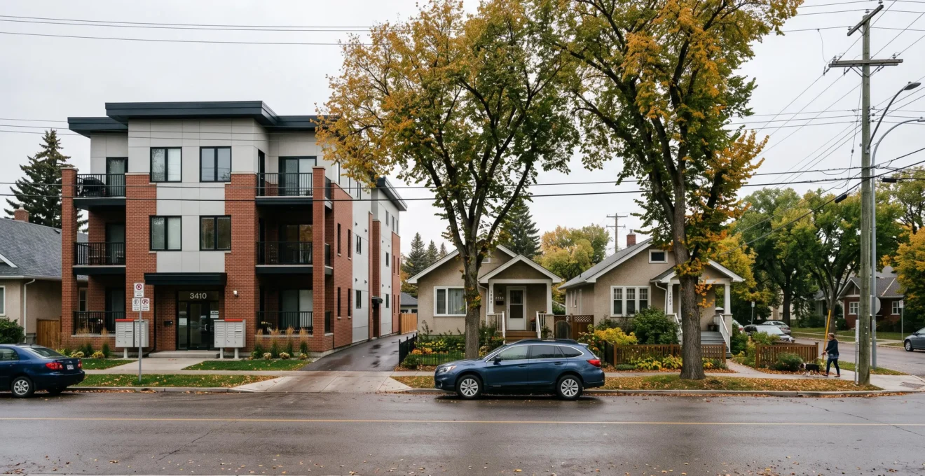 A Winnipeg street where a three-storey apartment building stands directly beside older single-family bungalows, showing how zoning allows different building types on adjacent lots.