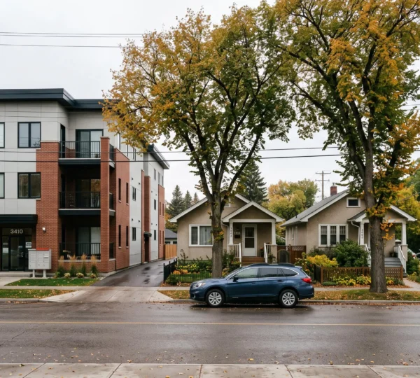 A Winnipeg street where a three-storey apartment building stands directly beside older single-family bungalows, showing how zoning allows different building types on adjacent lots.